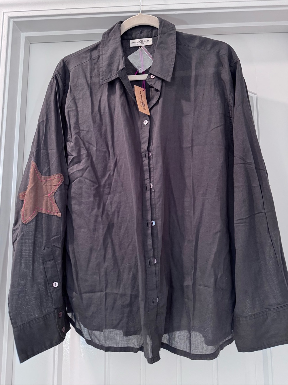 NATURAL LIFE Black Button-Down Shirt with Star Elbow Patch